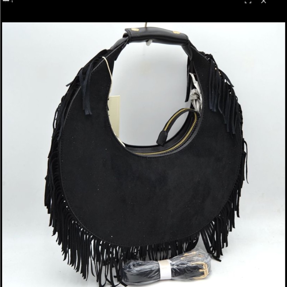 Fringed Crescent Shoulder Bag in Black